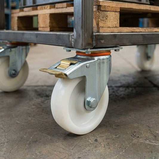 Dim Gray 150mm Pressed Steel Swivel Castor Wheel with Directional Brake, 4 Hole Top Plate & White Nylon Wheel - 180kg Load Capacity