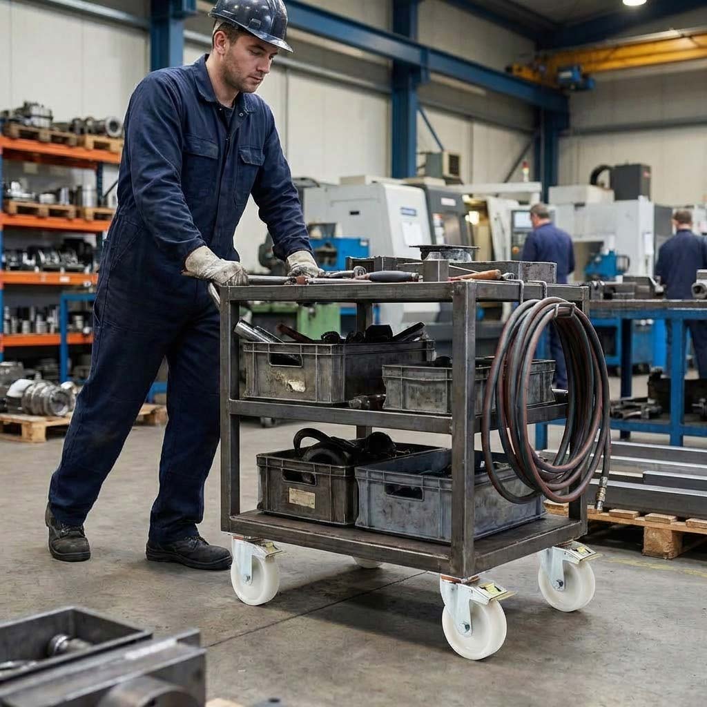 Dark Slate Gray 150mm Pressed Steel Swivel Castor Wheel with Directional Brake, 4 Hole Top Plate & White Nylon Wheel - 180kg Load Capacity