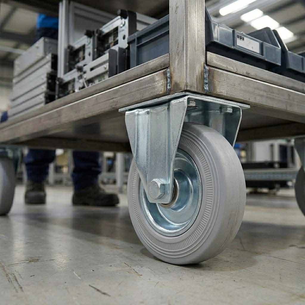150mm Pressed Steel Fixed Castor Wheel - Grey Rubber on Pressed Steel - 130kg Load Capacity