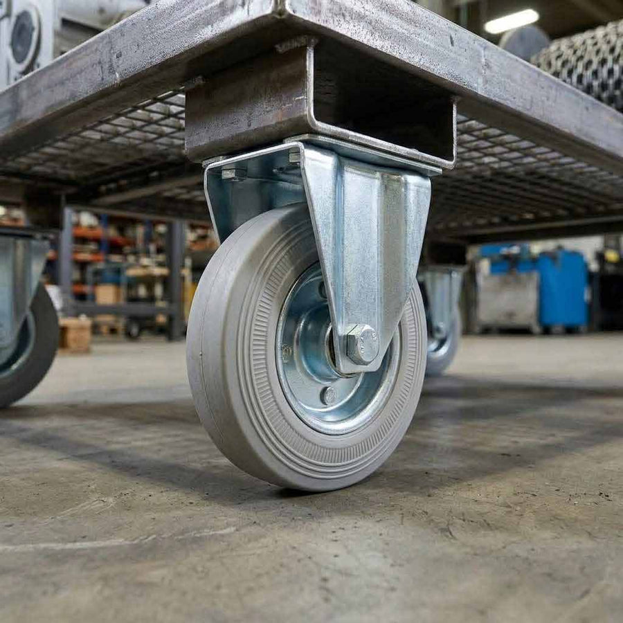 150mm Pressed Steel Fixed Castor Wheel - Grey Rubber on Pressed Steel - 130kg Load Capacity