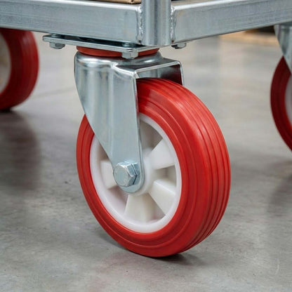 150mm Pressed Steel Swivel Castor Wheel - Red Polyamide, 4-Hole Top Plate - 180kg Load Capacity