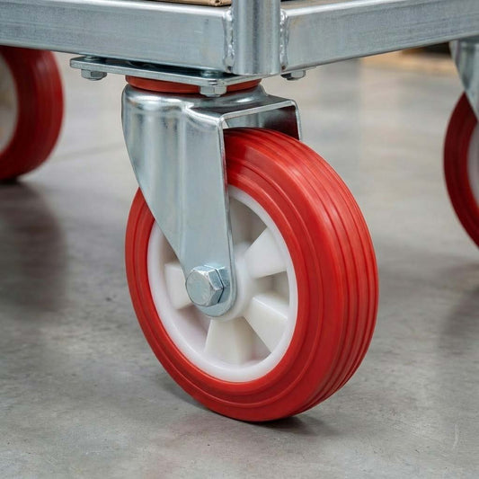 150mm Pressed Steel Swivel Castor Wheel - Red Polyamide, 4-Hole Top Plate - 180kg Load Capacity