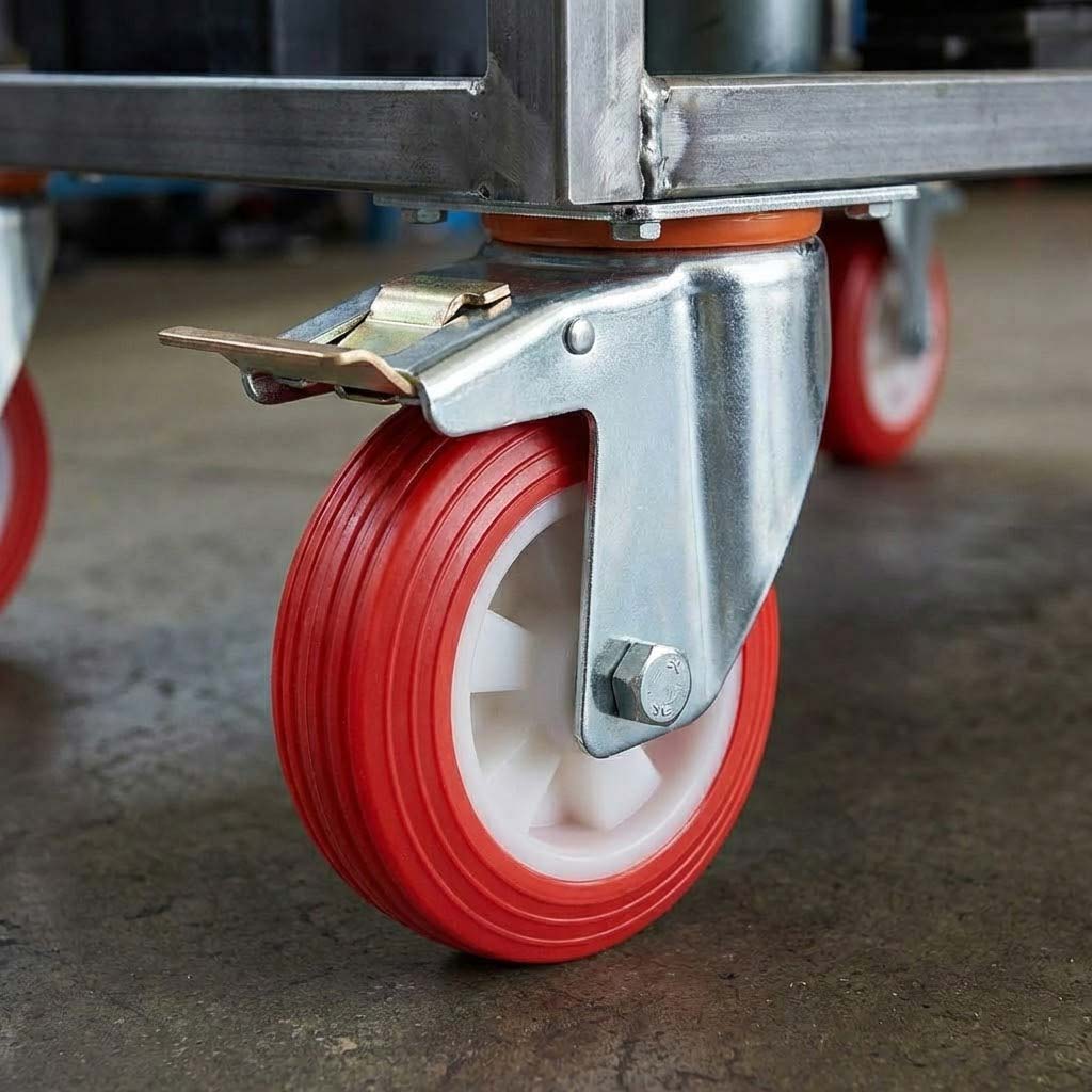 150mm Pressed Steel Swivel Castor Wheel with Directional Brake & Top Plate - Red Polyamide, 180kg Load