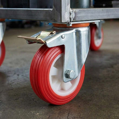 150mm Pressed Steel Swivel Castor Wheel with Directional Brake & Top Plate - Red Polyamide, 180kg Load