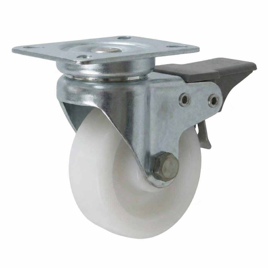 White Smoke 50mm Pressed Steel Swivel Castor Wheel with Brake - White Nylon Wheel & 4-Hole Top Plate - 65kg Load