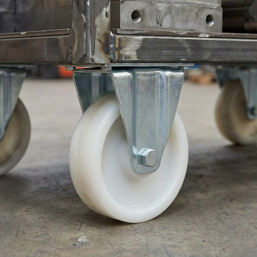 Slate Gray 200mm Pressed Steel Fixed Castor with White Nylon Wheel, 4-Hole Top Plate - 230kg Load Capacity
