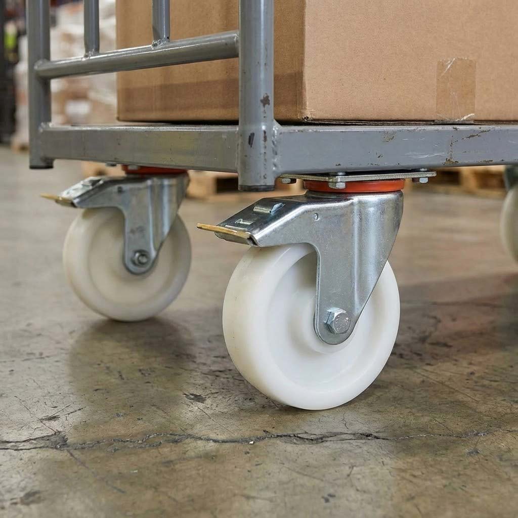 Dark Gray 200mm Pressed Steel Swivel Castor Wheel with Directional Brake, 4 Hole Top Plate & White Nylon Wheel - 230kg Load Capacity