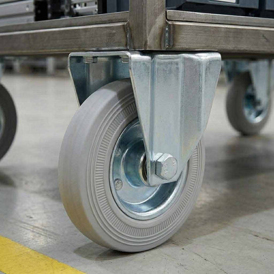 200mm Pressed Steel Fixed Castor Wheel - Grey Rubber on Pressed Steel - 180kg Load Capacity