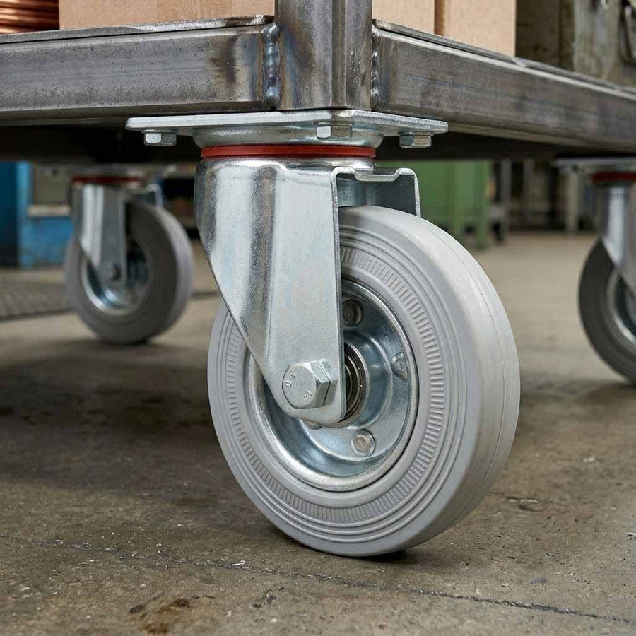 200mm Pressed Steel Swivel Castor Wheel - Grey Rubber - 4-Hole Top Plate - 180kg Load Capacity