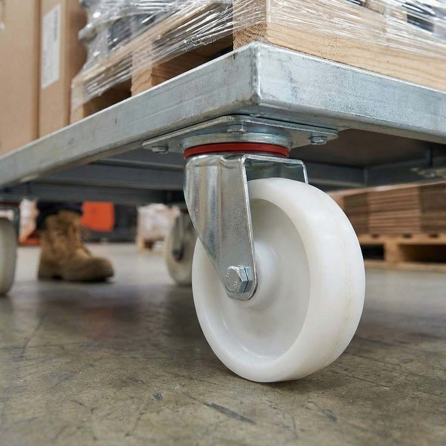Slate Gray 100mm Pressed Steel Swivel Castor Wheel with 4 Hole Top Plate & White Nylon Wheel - 140kg Load Capacity