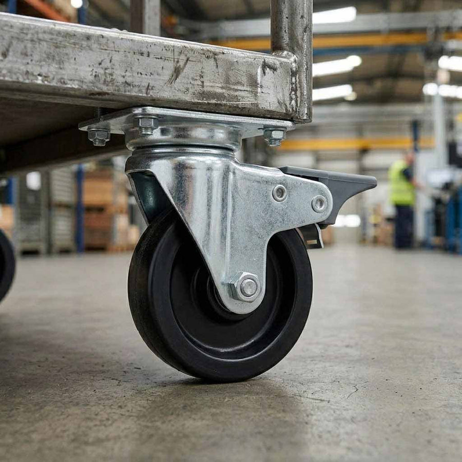 Dark Gray 50mm Pressed Steel Swivel Castor Wheel with Brake - Black Polypropylene & 4-Hole Top Plate - 65kg Load