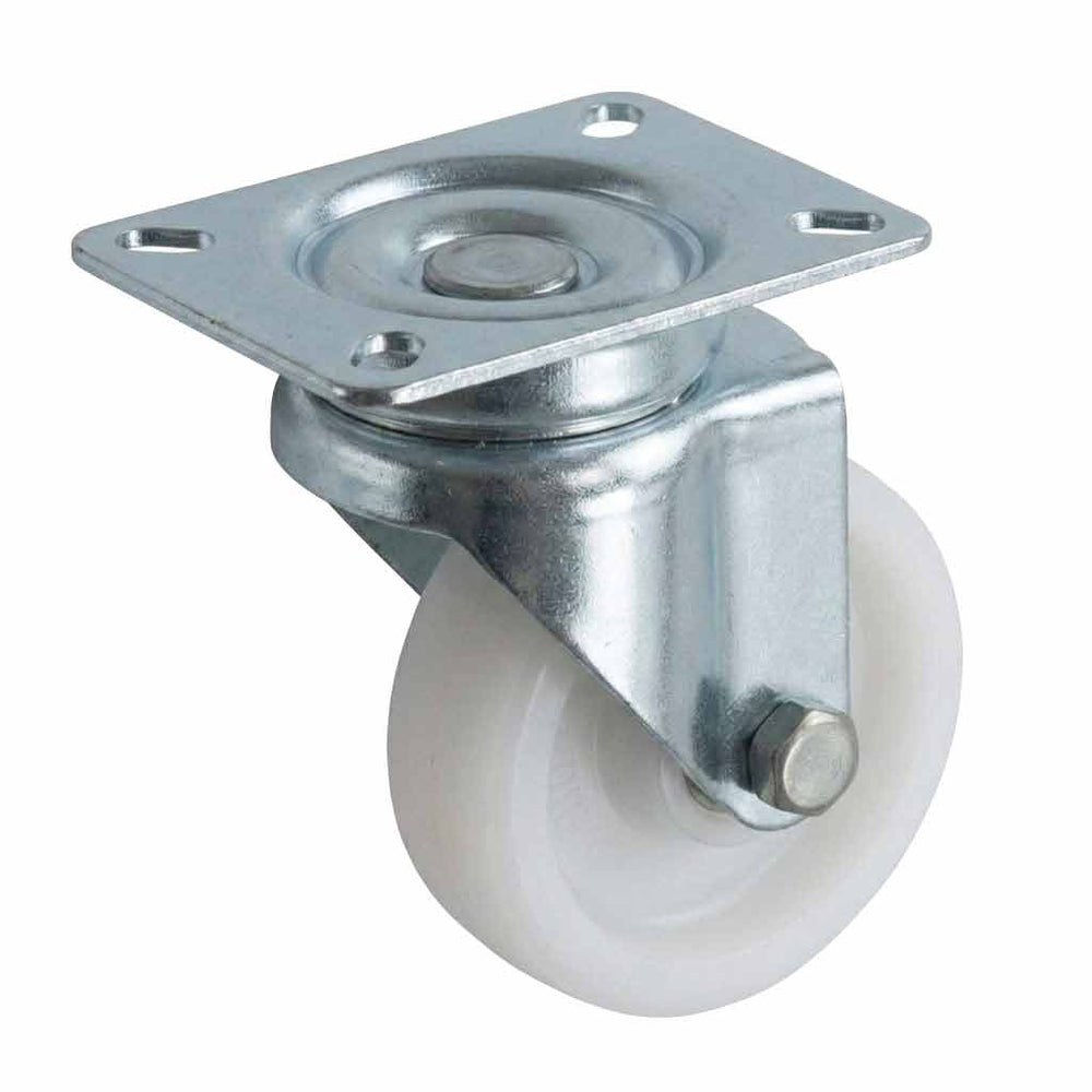 White Smoke 50mm Pressed Steel Swivel Castor Wheel - White Nylon Wheel & 4-Hole Top Plate - 65kg Max Load