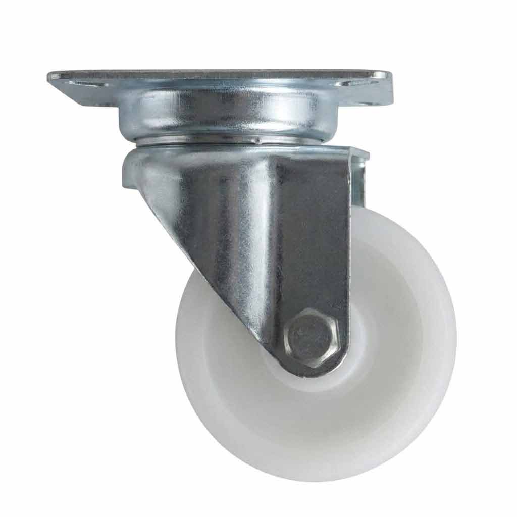 White Smoke 50mm Pressed Steel Swivel Castor Wheel - White Nylon Wheel & 4-Hole Top Plate - 65kg Max Load