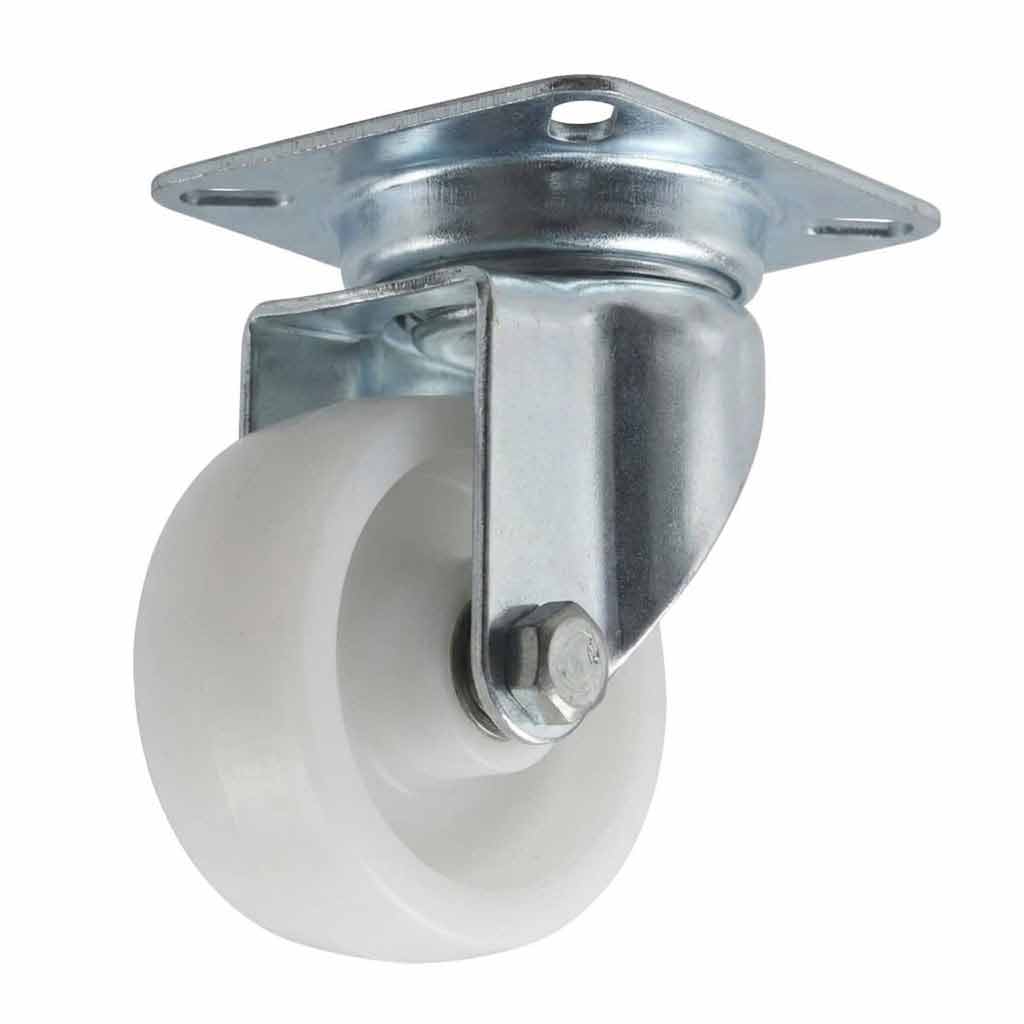 White Smoke 50mm Pressed Steel Swivel Castor Wheel - White Nylon Wheel & 4-Hole Top Plate - 65kg Max Load