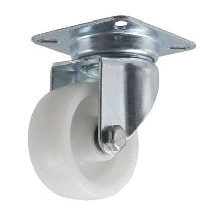 White Smoke 50mm Pressed Steel Swivel Castor Wheel - White Nylon Wheel & 4-Hole Top Plate - 65kg Max Load