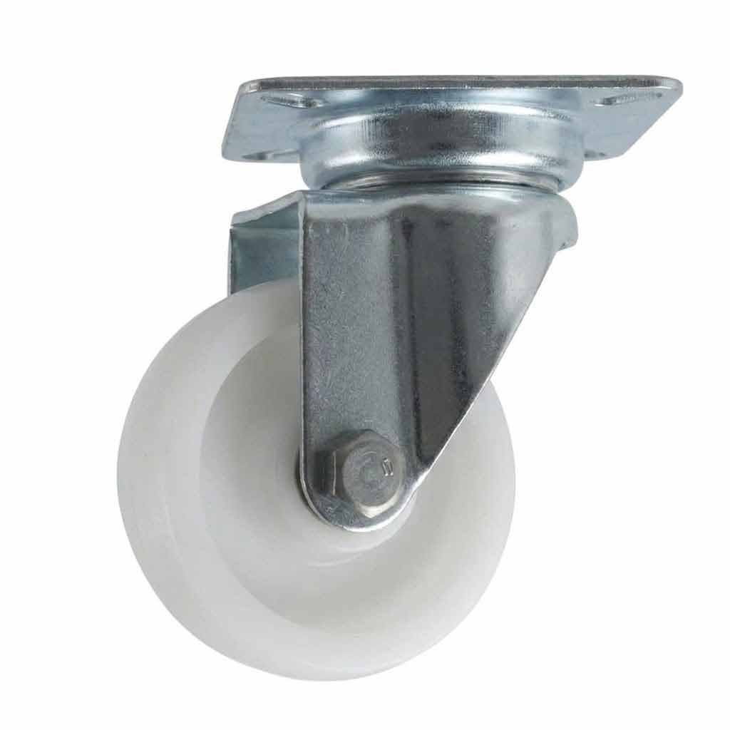White Smoke 50mm Pressed Steel Swivel Castor Wheel - White Nylon Wheel & 4-Hole Top Plate - 65kg Max Load