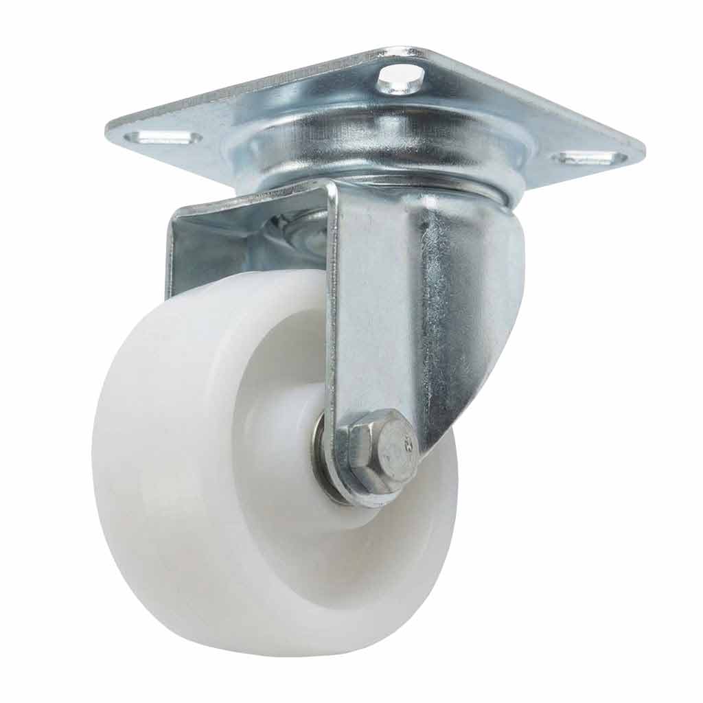 White Smoke 50mm Pressed Steel Swivel Castor Wheel - White Nylon Wheel & 4-Hole Top Plate - 65kg Max Load