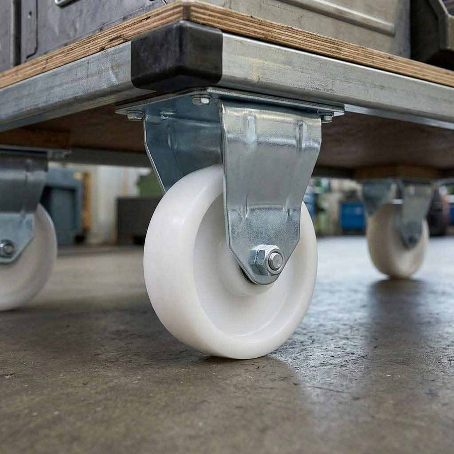 Dim Gray 50mm Pressed Steel Fixed Castor Wheel - White Nylon Wheel & 4-Bolt-Hole - 65kg Load Capacity