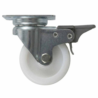 White Smoke 50mm Pressed Steel Swivel Castor Wheel with Brake - White Nylon Wheel & 4-Hole Top Plate - 65kg Load