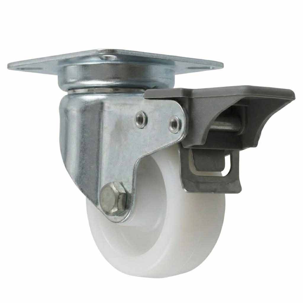 White Smoke 50mm Pressed Steel Swivel Castor Wheel with Brake - White Nylon Wheel & 4-Hole Top Plate - 65kg Load