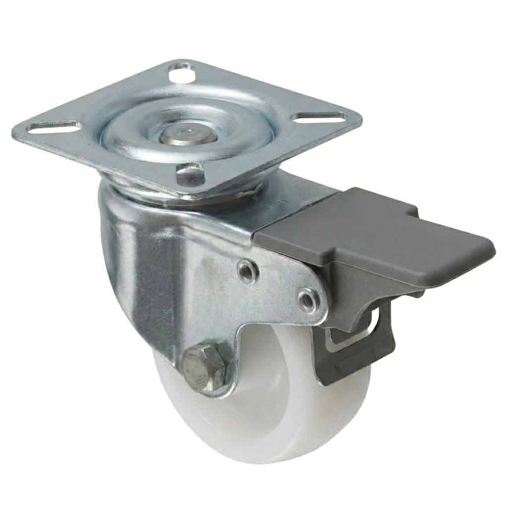 White Smoke 50mm Pressed Steel Swivel Castor Wheel with Brake - White Nylon Wheel & 4-Hole Top Plate - 65kg Load