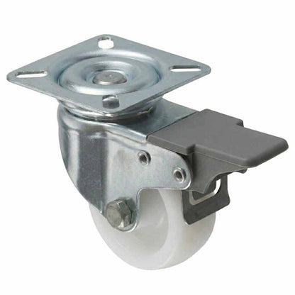 White Smoke 50mm Pressed Steel Swivel Castor Wheel with Brake - White Nylon Wheel & 4-Hole Top Plate - 65kg Load