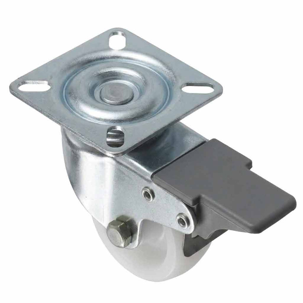 White Smoke 50mm Pressed Steel Swivel Castor Wheel with Brake - White Nylon Wheel & 4-Hole Top Plate - 65kg Load