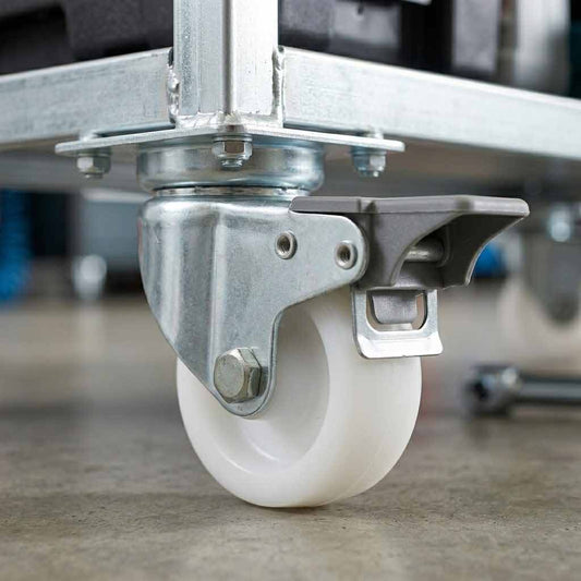 Dim Gray 50mm Pressed Steel Swivel Castor Wheel with Brake - White Nylon Wheel & 4-Hole Top Plate - 65kg Load