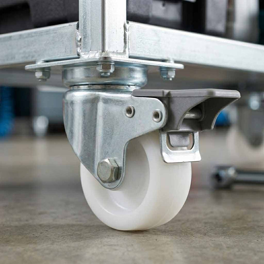 Dim Gray 50mm Pressed Steel Swivel Castor Wheel with Brake - White Nylon Wheel & 4-Hole Top Plate - 65kg Load