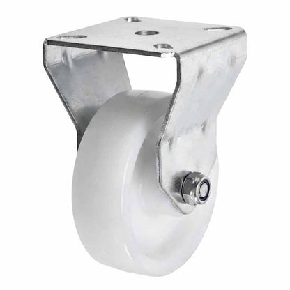 White Smoke 75mm Pressed Steel Fixed Castor Wheel - White Nylon Wheel & 4-Bolt-Hole - 75kg Load Capacity
