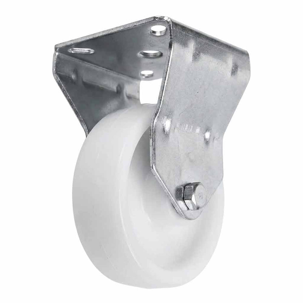 White Smoke 75mm Pressed Steel Fixed Castor Wheel - White Nylon Wheel & 4-Bolt-Hole - 75kg Load Capacity