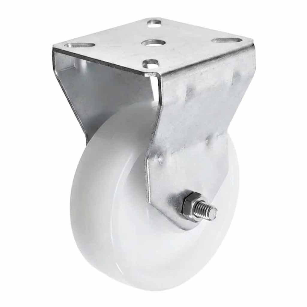 White Smoke 75mm Pressed Steel Fixed Castor Wheel - White Nylon Wheel & 4-Bolt-Hole - 75kg Load Capacity