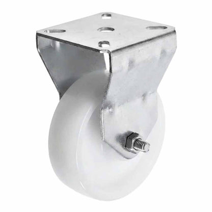 White Smoke 75mm Pressed Steel Fixed Castor Wheel - White Nylon Wheel & 4-Bolt-Hole - 75kg Load Capacity