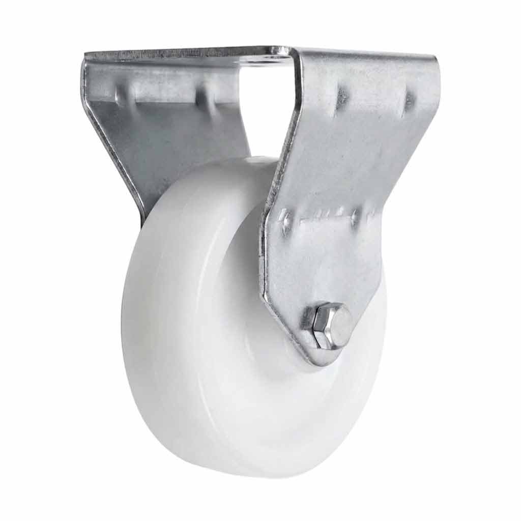 White Smoke 75mm Pressed Steel Fixed Castor Wheel - White Nylon Wheel & 4-Bolt-Hole - 75kg Load Capacity