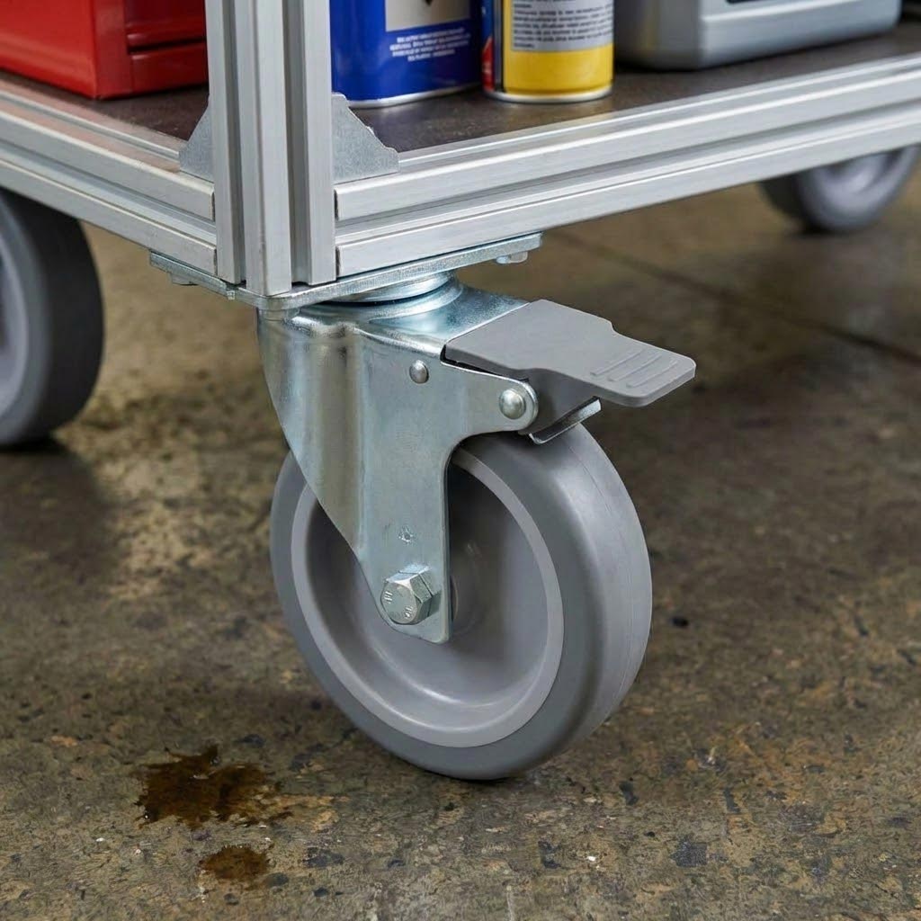 60mm Zinc Plated Swivel Retail Castor Wheel with Brake - Grey Rubber & 4-Hole Top Plate, 40kg Load