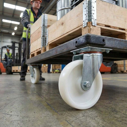 Slate Gray 200mm Pressed Steel Swivel Castor Wheel with 4 Hole Top Plate & White Nylon Wheel - 230kg Load Capacity