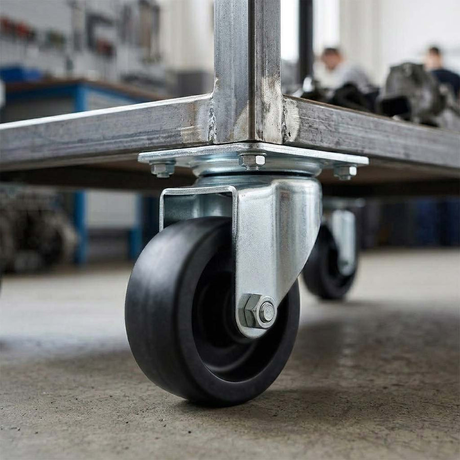 Black 75mm Pressed Steel Swivel Castor Wheel - Black Polypropylene & 4-Hole Top Plate - 75kg Max Load