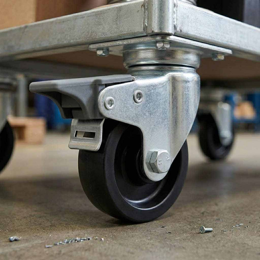 Black 75mm Pressed Steel Swivel Castor Wheel with Brake - Black Polypropylene & 4-Hole Top Plate - 75kg Load