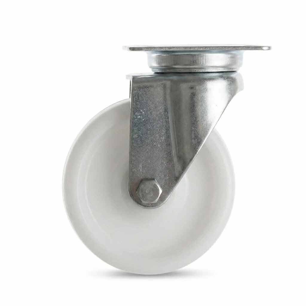 White Smoke 75mm Pressed Steel Swivel Castor Wheel - White Nylon Wheel & 4-Hole Top Plate - 75kg Max Load