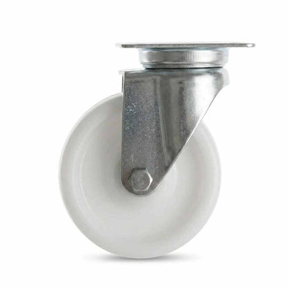 White Smoke 75mm Pressed Steel Swivel Castor Wheel - White Nylon Wheel & 4-Hole Top Plate - 75kg Max Load