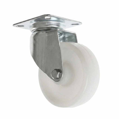 White Smoke 75mm Pressed Steel Swivel Castor Wheel - White Nylon Wheel & 4-Hole Top Plate - 75kg Max Load