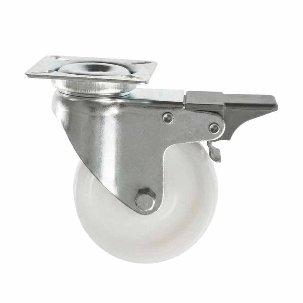 White Smoke 75mm Pressed Steel Swivel Castor Wheel with Brake - White Nylon Wheel & 4-Hole Top Plate - 75kg Load