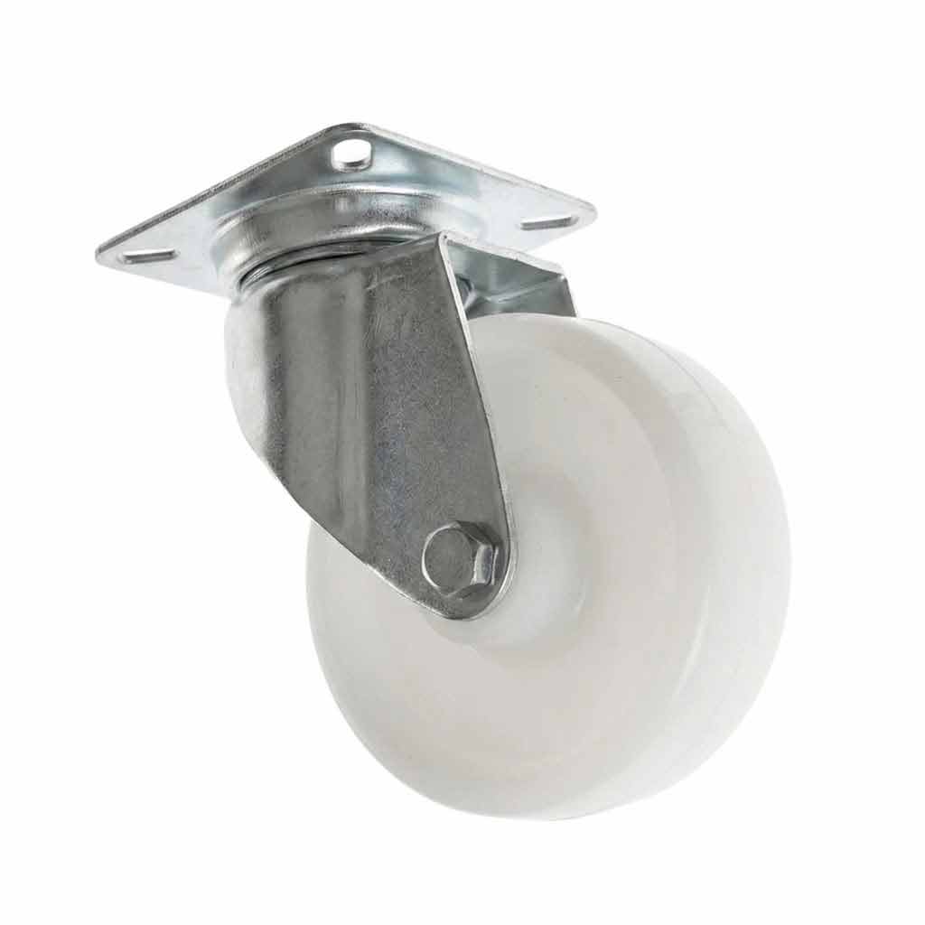White Smoke 75mm Pressed Steel Swivel Castor Wheel - White Nylon Wheel & 4-Hole Top Plate - 75kg Max Load