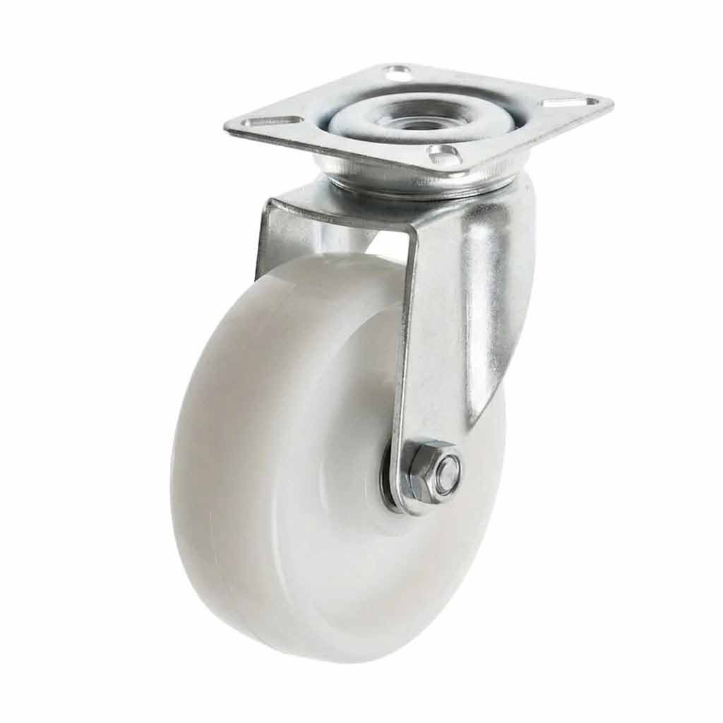 White Smoke 75mm Pressed Steel Swivel Castor Wheel - White Nylon Wheel & 4-Hole Top Plate - 75kg Max Load
