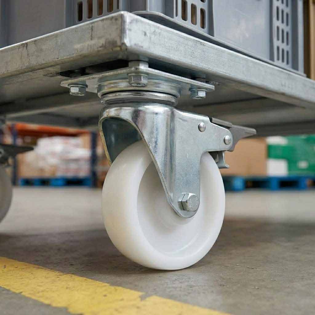 Slate Gray 75mm Pressed Steel Swivel Castor Wheel with Brake - White Nylon Wheel & 4-Hole Top Plate - 75kg Load