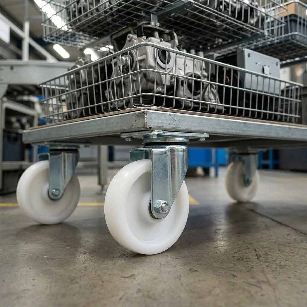 Dim Gray 75mm Pressed Steel Swivel Castor Wheel - White Nylon Wheel & 4-Hole Top Plate - 75kg Max Load