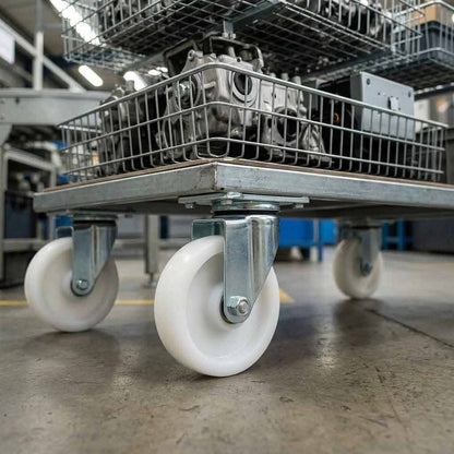 Dim Gray 75mm Pressed Steel Swivel Castor Wheel - White Nylon Wheel & 4-Hole Top Plate - 75kg Max Load
