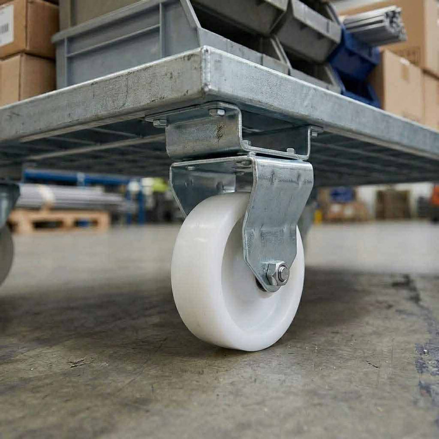 Slate Gray 75mm Pressed Steel Fixed Castor Wheel - White Nylon Wheel & 4-Bolt-Hole - 75kg Load Capacity