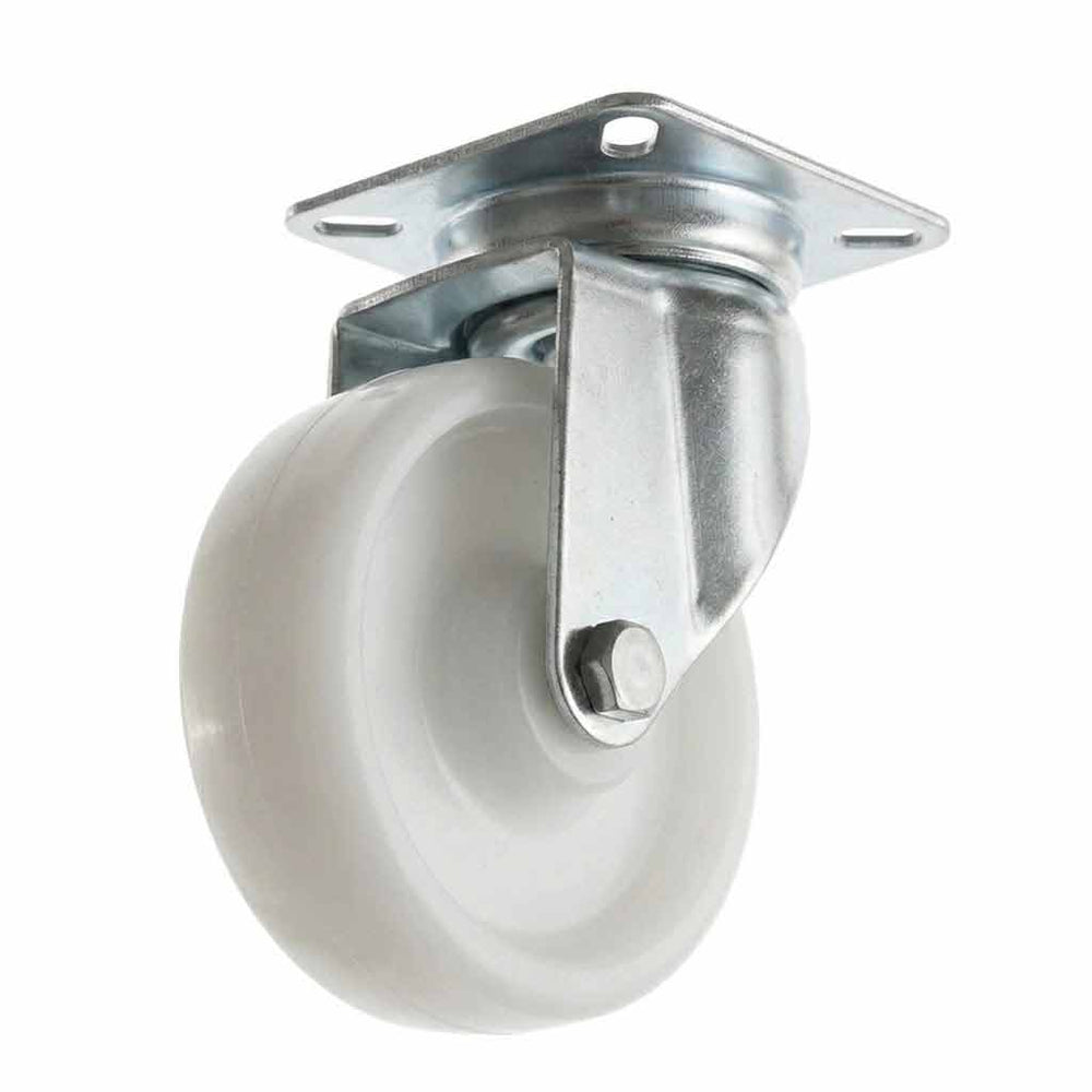 75mm Pressed Steel Swivel Castor Wheel - White Nylon Wheel & 4-Hole Top Plate - 75kg Max Load