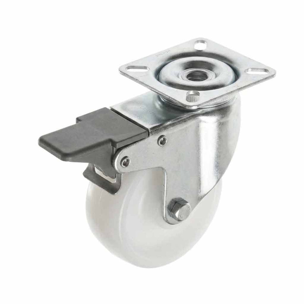 75mm Pressed Steel Swivel Castor Wheel with Brake - White Nylon Wheel & 4-Hole Top Plate - 75kg Load